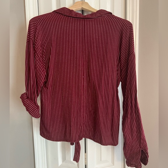 White and Red Striped Button Down with Tie in Front Long Sleeved Shirt - Picture 2 of 3